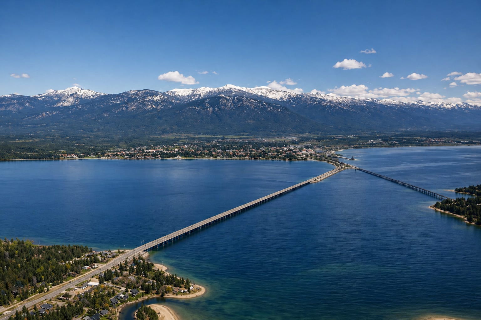 Aerial view of Sandpoint Long Bridge over Lake Pend Oreille, North Idaho